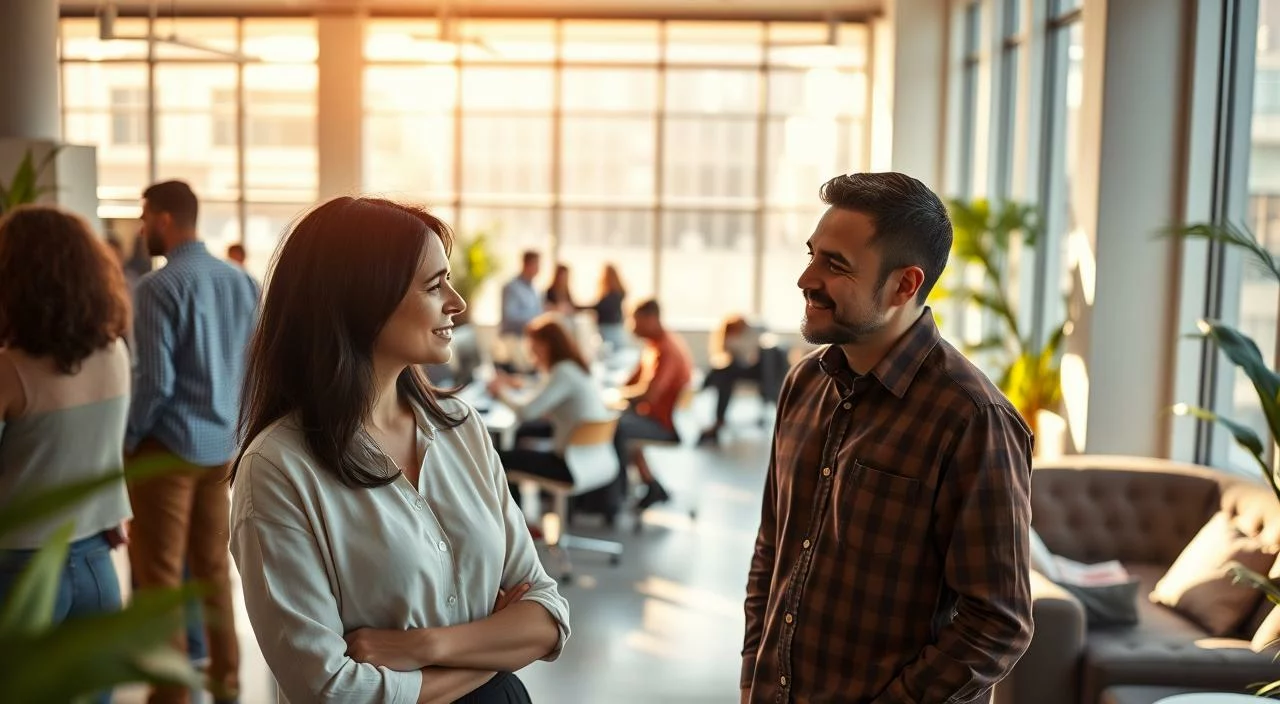 A bustling office interior, bathed in warm, natural light filtering through large windows. In the foreground, two colleagues engaged in a thoughtful discussion, their body language conveying empathy and understanding. The middle ground features a diverse team collaborating at their desks, their expressions calm and focused. In the background, a plush seating area offers a space for quiet reflection. The overall atmosphere is one of mutual respect, open communication, and a shared sense of purpose, exemplifying the power of empathy in the workplace.
