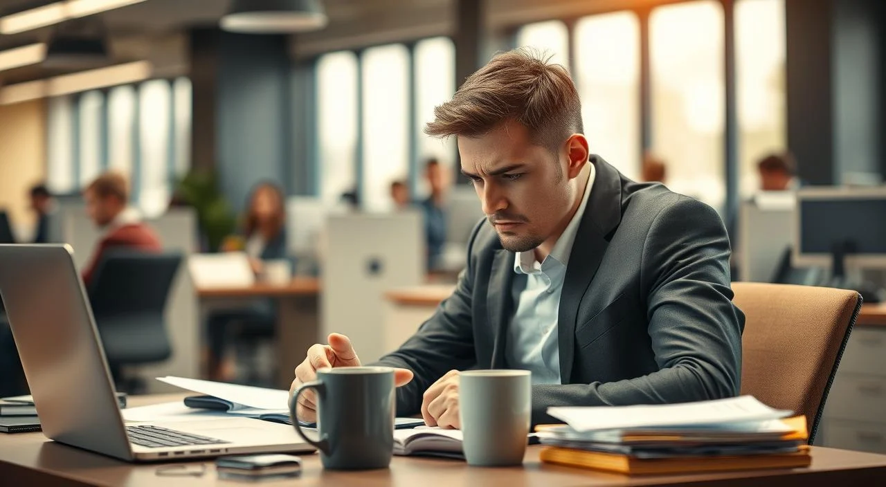 A busy office interior, with a professional-looking person sitting at a desk, appearing stressed and anxious. Soft, warm lighting illuminates the scene, casting gentle shadows. The desk is cluttered with papers, a laptop, and a mug of coffee, reflecting the pressures of the workday. The person's body language conveys tension, with furrowed brows and a clenched jaw. In the background, blurred office cubicles and colleagues can be seen, adding to the sense of a bustling, high-pressure environment. The overall atmosphere is one of unease and workplace-related anxiety. A busy office interior, with a professional-looking person sitting at a desk, appearing stressed and anxious. Soft, warm lighting illuminates the scene, casting gentle shadows. The desk is cluttered with papers, a laptop, and a mug of coffee, reflecting the pressures of the workday. The person's body language conveys tension, with furrowed brows and a clenched jaw. In the background, blurred office cubicles and colleagues can be seen, adding to the sense of a bustling, high-pressure environment. The overall atmosphere is one of unease and workplace-related anxiety.