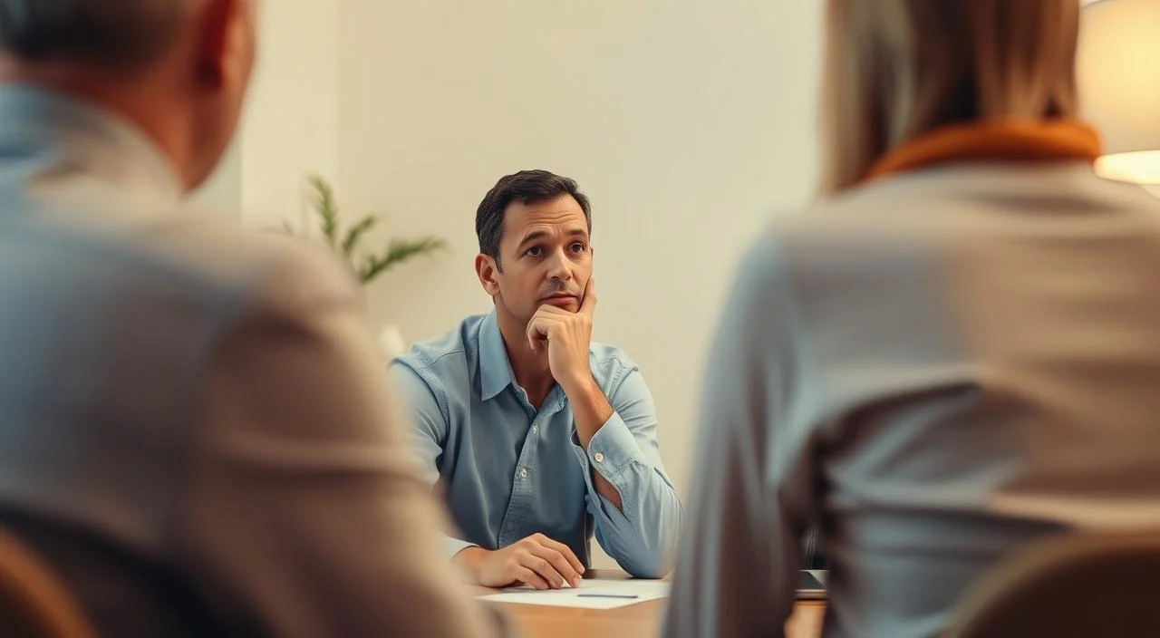 A clinical psychologist seated at their desk, deep in thought as they listen intently to their client during a therapy session. The office is warm and inviting, with soft lighting and minimalist decor that creates a soothing atmosphere. The psychologist's expression conveys empathy and focus, their body language open and engaged. The client, partially obscured, is seen from the shoulders up, their face hidden from view to preserve their privacy. The scene captures the profound connection and trust between the therapist and patient, the essence of the therapeutic process. A clinical psychologist seated at their desk, deep in thought as they listen intently to their client during a therapy session. The office is warm and inviting, with soft lighting and minimalist decor that creates a soothing atmosphere. The psychologist's expression conveys empathy and focus, their body language open and engaged. The client, partially obscured, is seen from the shoulders up, their face hidden from view to preserve their privacy. The scene captures the profound connection and trust between the therapist and patient, the essence of the therapeutic process.
