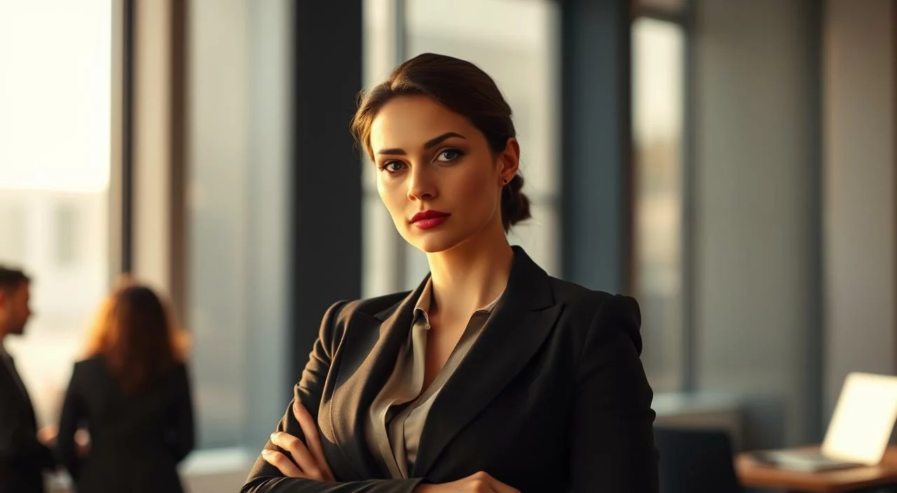 A confident professional woman stands tall, her gaze fixed with determination. She is dressed in a tailored suit, her posture exuding self-assurance. The scene is set in a modern office, bathed in warm, directional lighting that casts subtle shadows, emphasizing the curves of her form. In the background, blurred out, are the silhouettes of colleagues, suggesting a thriving workplace environment. The overall atmosphere conveys a sense of empowerment, hard-earned success, and the unwavering belief in one's abilities to navigate the professional landscape. A confident professional woman stands tall, her gaze fixed with determination. She is dressed in a tailored suit, her posture exuding self-assurance. The scene is set in a modern office, bathed in warm, directional lighting that casts subtle shadows, emphasizing the curves of her form. In the background, blurred out, are the silhouettes of colleagues, suggesting a thriving workplace environment. The overall atmosphere conveys a sense of empowerment, hard-earned success, and the unwavering belief in one's abilities to navigate the professional landscape.