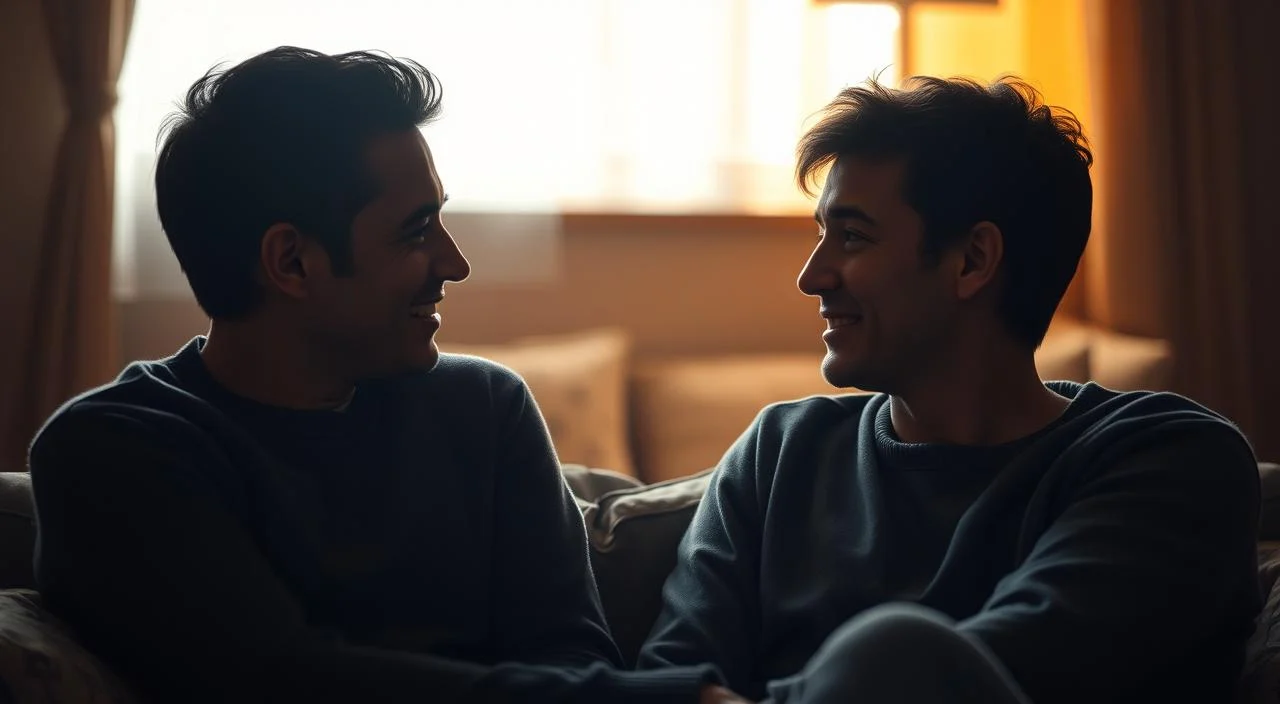 A cozy, intimate scene of two individuals engaged in a heartfelt conversation, their faces illuminated by soft, natural lighting. The foreground features the pair sitting close together, their body language and expressions conveying a sense of openness, trust, and genuine connection. The middle ground blurs into a warm, muted background, hinting at a private, tranquil setting that allows for uninterrupted, authentic dialogue. Shadows and highlights create a sense of depth and intimacy, while the overall atmosphere exudes a calming, reflective mood, inviting the viewer to contemplate the importance of authentic relationships.