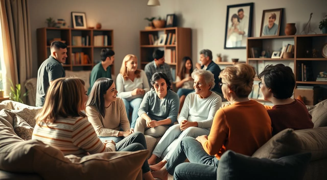 A cozy living room setting with a group of diverse individuals gathered together, engaged in deep conversation. Soft lighting filters through the windows, creating a warm and inviting atmosphere. In the foreground, a small circle of friends sits on comfortable cushions, their expressions conveying empathy and understanding. In the middle ground, a larger group exchanges thoughtful gestures, supporting one another. The background features bookshelves and framed family portraits, suggesting a sense of community and belonging. The overall scene captures the essence of "suporte social" - the power of shared experiences, mutual care, and the strengthening of interpersonal connections. A cozy living room setting with a group of diverse individuals gathered together, engaged in deep conversation. Soft lighting filters through the windows, creating a warm and inviting atmosphere. In the foreground, a small circle of friends sits on comfortable cushions, their expressions conveying empathy and understanding. In the middle ground, a larger group exchanges thoughtful gestures, supporting one another. The background features bookshelves and framed family portraits, suggesting a sense of community and belonging. The overall scene captures the essence of "suporte social" - the power of shared experiences, mutual care, and the strengthening of interpersonal connections.