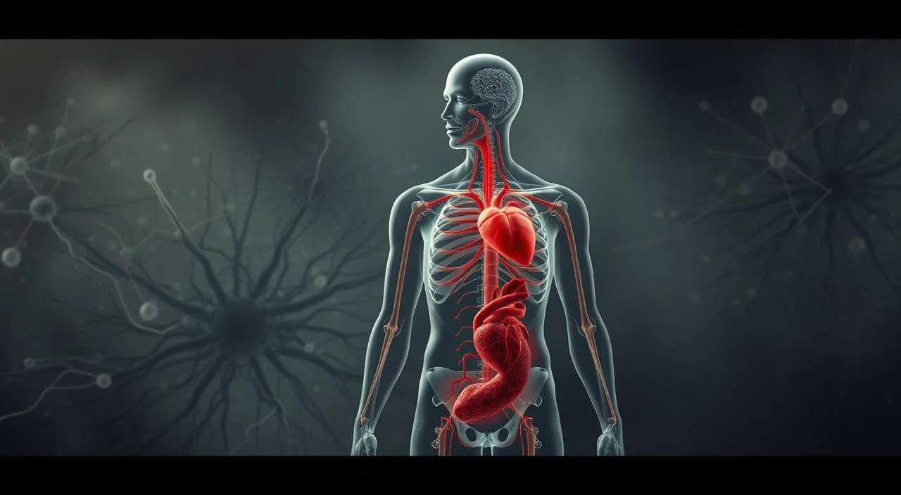 A detailed anatomical illustration depicting the physical effects of anxiety on the human body. In the foreground, a transparent human figure showcases the key physiological changes, such as increased heart rate, elevated blood pressure, muscle tension, and rapid breathing. The middle ground features a textured backdrop of neural pathways and hormone signals, visualizing the internal biological mechanisms that drive the body's stress response. The background is shrouded in a subtle haze, evoking a sense of unease and unrest. The lighting is muted and somber, emphasizing the visceral, unsettling nature of the subject matter. The composition is balanced and symmetrical, lending an air of clinical objectivity to the scene.