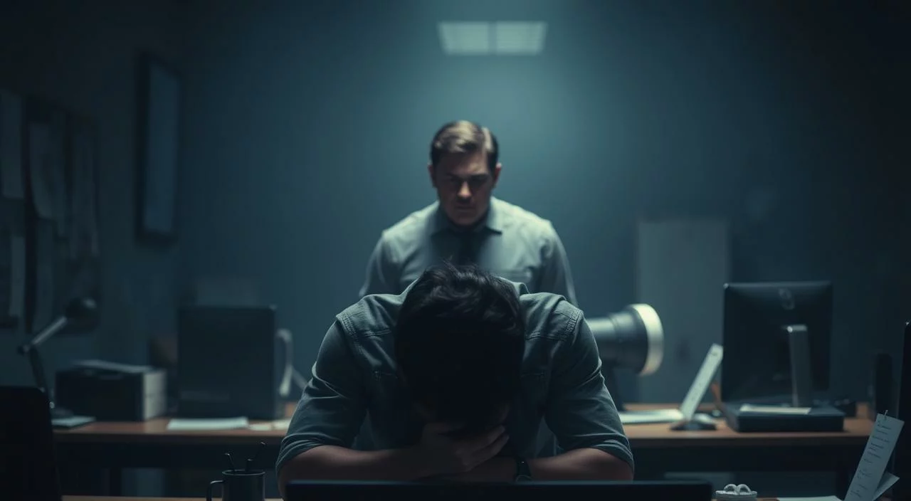 A dimly lit office space, the air thick with tension. In the foreground, a dejected figure sits hunched at a desk, shoulders slumped, eyes downcast, consumed by the fear of judgment from colleagues. The middle ground reveals the imposing presence of a supervisor, their stern gaze piercing through the employee's self-consciousness. The background is hazy, suggesting the overwhelming pressure of the professional environment. Dramatic lighting casts long shadows, amplifying the sense of isolation and unease. The scene conveys the palpable anxiety of being scrutinized and the struggle to maintain confidence in the face of perceived judgment. A dimly lit office space, the air thick with tension. In the foreground, a dejected figure sits hunched at a desk, shoulders slumped, eyes downcast, consumed by the fear of judgment from colleagues. The middle ground reveals the imposing presence of a supervisor, their stern gaze piercing through the employee's self-consciousness. The background is hazy, suggesting the overwhelming pressure of the professional environment. Dramatic lighting casts long shadows, amplifying the sense of isolation and unease. The scene conveys the palpable anxiety of being scrutinized and the struggle to maintain confidence in the face of perceived judgment.