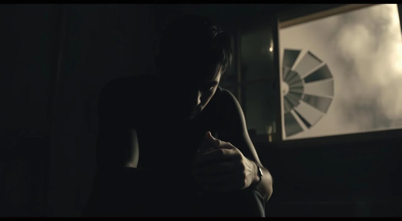 A dimly lit room, shadows cast across a troubled face. In the foreground, a figure sits hunched, hands clasped tightly, a palpable sense of self-doubt and insecurity weighing heavily. Muted colors, a subdued palette, evoke a somber, introspective mood. The middle ground reveals a shattered mirror, fragments reflecting distorted, fragmented views of the self. In the background, a swirling, ominous haze obscures the edges, a metaphor for the clouded perception of one's own worth. Soft, diffused lighting creates a sense of vulnerability, while the angled perspective heightens the feeling of being trapped within one's own negative thoughts. The overall composition conveys the multifaceted nature of low self-esteem - the internal struggle, the fragmented self-image, and the overwhelming sense of uncertainty.