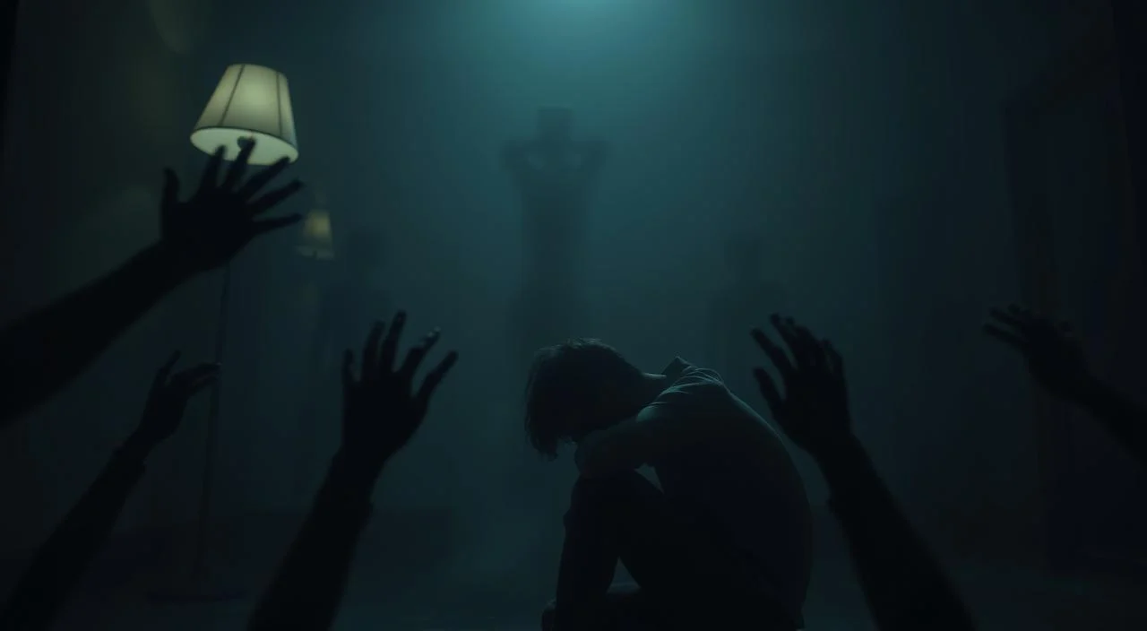 A dimly lit room, the shadows cast by a lone lamp creating an atmosphere of introspection. In the foreground, a person sits hunched over, their face obscured, lost in their own thoughts. Surrounding them, disembodied hands reach out, grasping, as if to judge or condemn. The middle ground is hazy, a blurred representation of the perceived judgment of others. In the background, a wall of mirrors reflects the scene, each reflection a different distorted version of the central figure, a visual representation of the origins of their fear. The lighting is moody, creating a sense of unease and vulnerability. The angle is slightly low, emphasizing the weight of the subject's internal struggle.