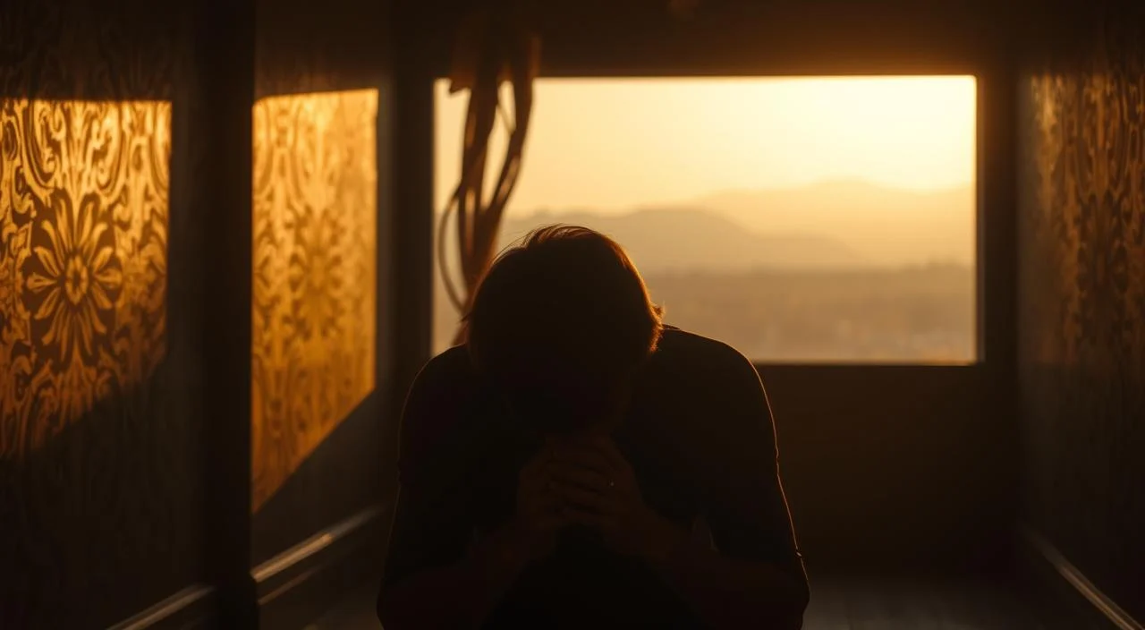 A dimly lit room, the walls adorned with intricate patterns that cast shadows, creating an unsettling atmosphere. In the foreground, a person sits hunched, their features obscured, hands clasped tightly as if grasping at their own thoughts. The lighting casts a warm, golden glow, accentuating the sense of unease and vulnerability. In the background, a blurred, hazy landscape, suggesting the overwhelming nature of social anxiety and the feeling of being isolated and disconnected from the world around them. The overall scene conveys the internal struggle and the pervasive sense of self-consciousness that often accompanies social anxiety.
