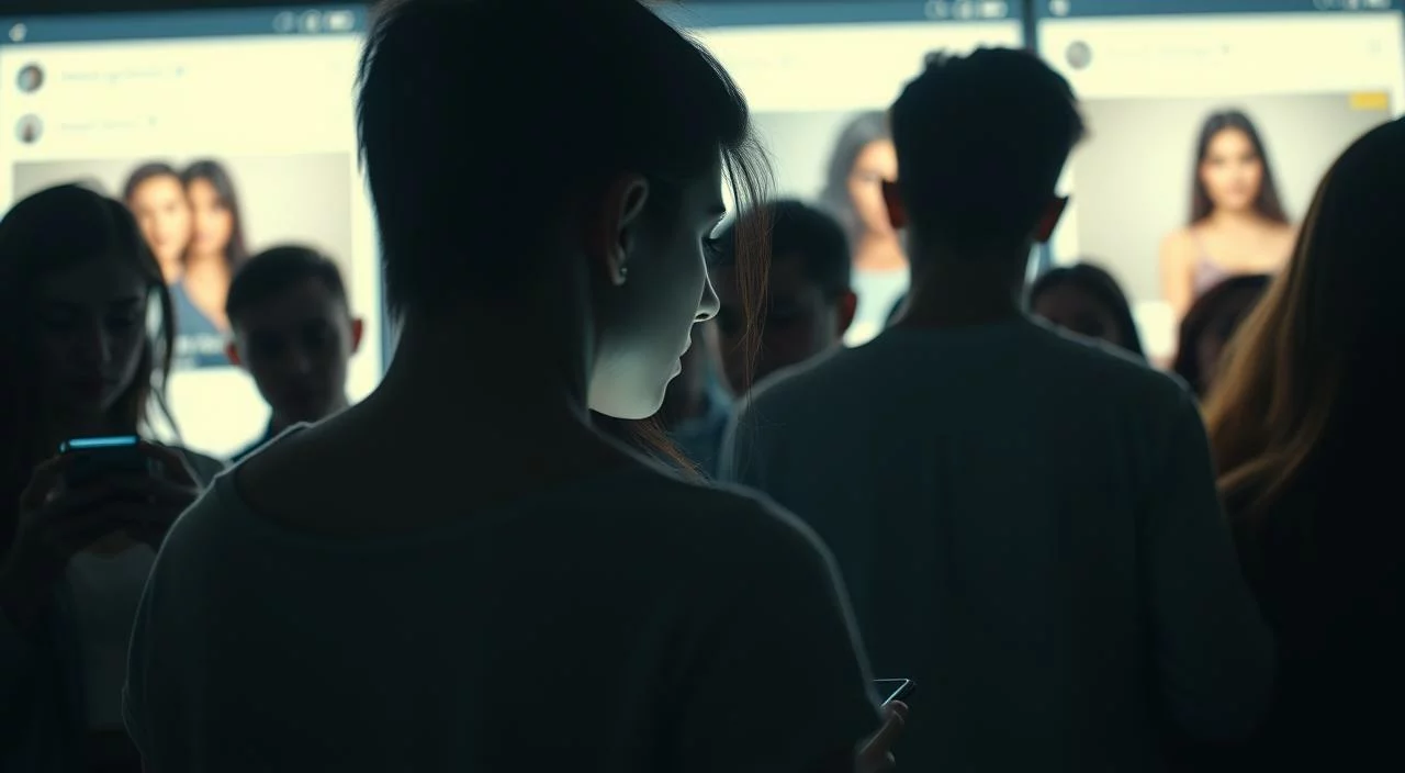 A group of people standing in front of a large, glowing social media interface, their faces half-obscured by their phones. The central figure, a young woman, appears concerned as she compares herself to the idealized images on the screen. Soft, moody lighting casts shadows across the scene, creating a sense of unease. The background is blurred, drawing the viewer's focus to the central narrative. Depth of field and angles emphasize the sense of isolation and self-consciousness. The overall atmosphere reflects the subject's internal struggle with self-image in the age of social media influence. A group of people standing in front of a large, glowing social media interface, their faces half-obscured by their phones. The central figure, a young woman, appears concerned as she compares herself to the idealized images on the screen. Soft, moody lighting casts shadows across the scene, creating a sense of unease. The background is blurred, drawing the viewer's focus to the central narrative. Depth of field and angles emphasize the sense of isolation and self-consciousness. The overall atmosphere reflects the subject's internal struggle with self-image in the age of social media influence.