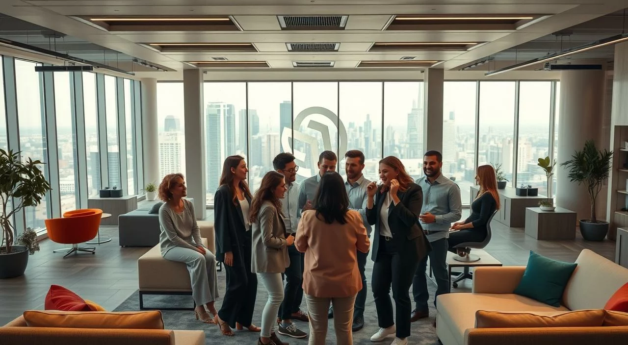 A large, well-lit office space with an open-concept layout. Sleek, modern furnishings in neutral tones punctuated by vibrant splashes of color. In the foreground, a diverse group of employees engaged in animated discussion, their expressions conveying a sense of collaboration and camaraderie. The middle ground features a prominent company logo, symbolizing the organization's identity and values. In the background, panoramic windows offer a view of a dynamic cityscape, hinting at the company's position within a larger, thriving business ecosystem. Warm, directional lighting casts a sense of productivity and purpose, while the overall atmosphere exudes a palpable feeling of organizational culture and unity. A large, well-lit office space with an open-concept layout. Sleek, modern furnishings in neutral tones punctuated by vibrant splashes of color. In the foreground, a diverse group of employees engaged in animated discussion, their expressions conveying a sense of collaboration and camaraderie. The middle ground features a prominent company logo, symbolizing the organization's identity and values. In the background, panoramic windows offer a view of a dynamic cityscape, hinting at the company's position within a larger, thriving business ecosystem. Warm, directional lighting casts a sense of productivity and purpose, while the overall atmosphere exudes a palpable feeling of organizational culture and unity.