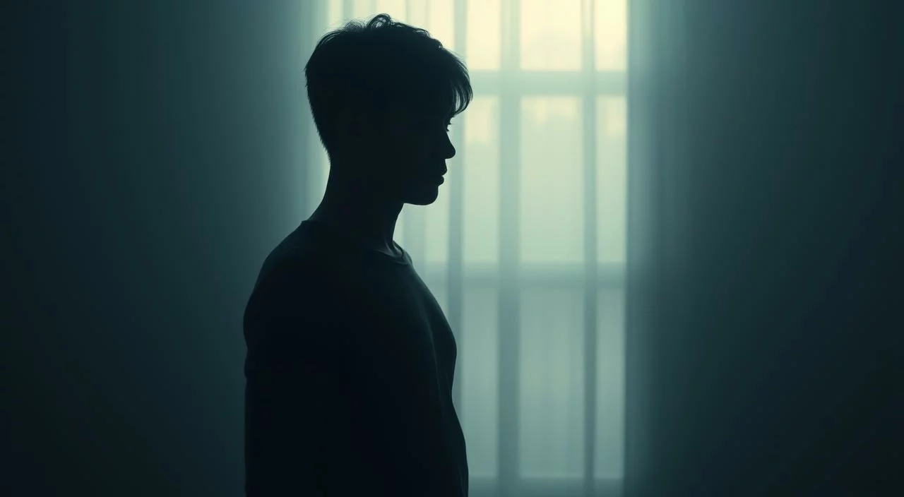 A pensive figure stands in a dimly lit room, their face obscured by shadows, conveying a sense of unease and vulnerability. The background is blurred, creating a muted, introspective atmosphere. Soft, diffused lighting illuminates the subject's form, highlighting the tension in their posture and the weight of their thoughts. The overall mood evokes a thoughtful exploration of the fear of judgment and the desire for deeper empathetic connections.