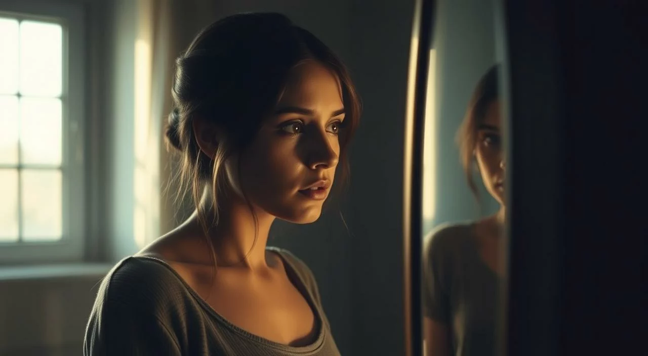 A pensive young woman standing in a dimly lit room, her gaze fixed on her reflection in a mirror. The light from a lone window casts a warm glow on her face, highlighting her introspective expression. In the background, soft shadows envelop the space, creating an atmosphere of quiet contemplation. The scene conveys a sense of self-evaluation, as the woman grapples with her self-image and the fear of being judged by others. The overall composition evokes a mood of vulnerability and personal growth.