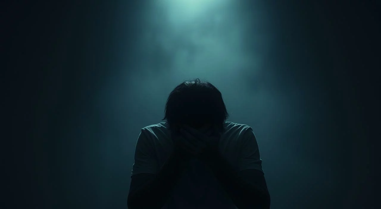A person in a dimly lit room, shoulders hunched, face hidden in their hands, conveying a sense of vulnerability and shame. The background is hazy, with a muted color palette that reflects the heavy, oppressive atmosphere. Soft, diffused lighting casts long shadows, adding to the sense of isolation and inner turmoil. The figure is alone, trapped in a moment of self-doubt and the fear of being judged by others, capturing the essence of &quot;medo de julgamento&quot;.