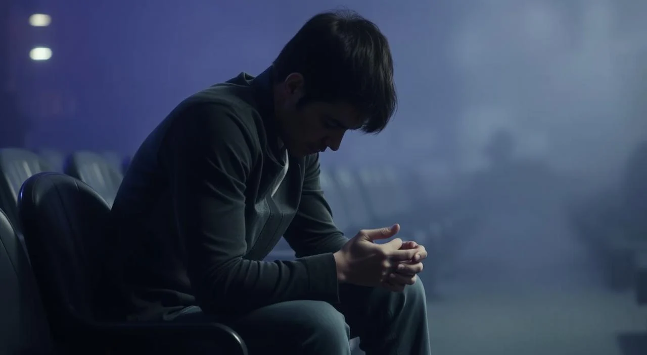 A person sitting alone, shoulders hunched, head down, eyes cast away, hands fidgeting nervously. The figure is surrounded by a hazy, subdued environment, with muted colors and soft lighting, conveying a sense of social discomfort and unease. The scene is captured in a slightly tilted, close-up angle, emphasizing the individual's vulnerable and self-conscious state. The overall atmosphere is one of social anxiety, where the subject feels overwhelmed by the perceived judgment of others, struggling to engage confidently in social situations.