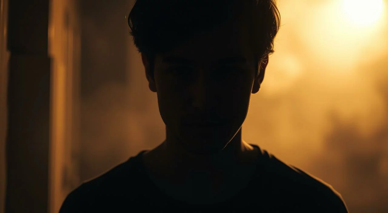 A person standing in a dimly lit room, their face partially obscured by shadows, expressing a sense of unease and vulnerability. The foreground depicts the individual's introspective gaze, conveying the internal struggle of identifying their fear of judgment. The middle ground features a hazy, ethereal background, creating an atmosphere of uncertainty and introspection. Subtle, warm lighting from an unseen source casts a soft glow, highlighting the subject's emotional state. The overall composition emphasizes the individual's introspective journey towards self-acceptance, free from the constraints of external judgment.
