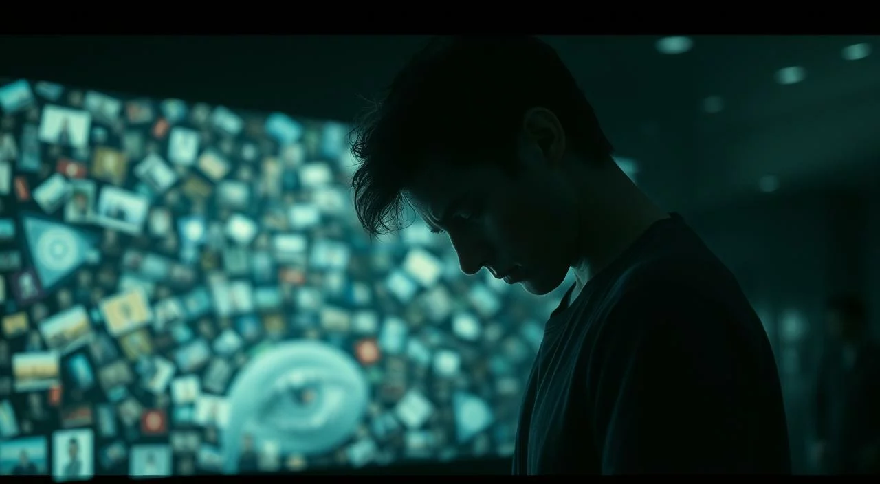 A pressure-filled social media landscape, with a looming sense of perfection casting shadows across a tense, anxious figure. In the foreground, a solitary individual, head bowed, shoulders slumped, grappling with the burden of unrealistic expectations. The middle ground showcases a swirling sea of curated, idealized images, casting a dim, distorting light. In the background, a blurred, faceless crowd, their omnipresent gaze contributing to the overwhelming sense of judgment and scrutiny. Harsh, dramatic lighting accentuates the emotional turmoil, while a somber, muted color palette evokes a palpable feeling of unease and self-doubt.