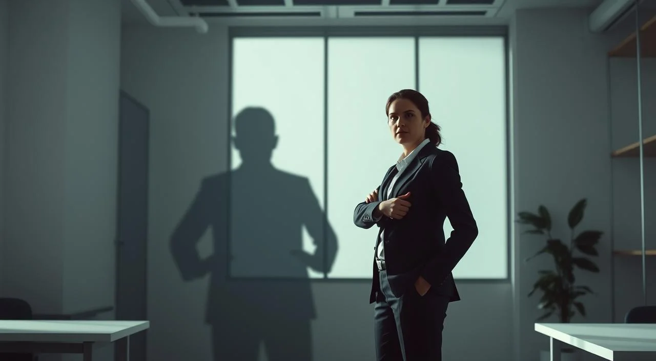 A professional person standing confidently in a modern office, facing a looming shadow or figure representing their fear of judgment. The lighting is dramatic, with strong contrasts and shadows to convey a sense of tension and overcoming adversity. The person's expression is resolute, their posture upright and determined, suggesting they are taking control of their fear and facing it head-on. The background is a minimalist, clean office setting, allowing the focus to remain on the central figure and the emotional conflict they are overcoming.