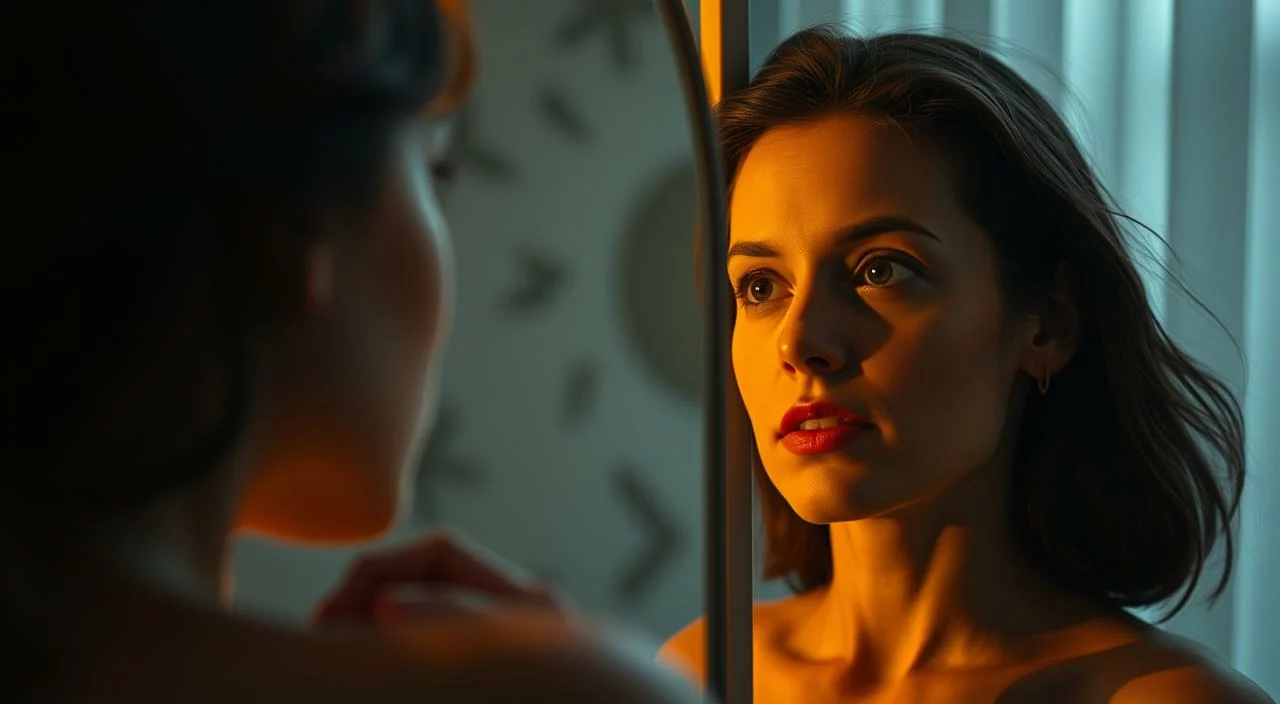 A self-reflective woman gazing into a mirror, her face illuminated by soft, diffused lighting that casts a warm, introspective atmosphere. The mirror's surface is slightly distorted, symbolizing the complex relationship between self-image and self-esteem. In the background, abstract shapes and patterns suggest the interplay of inner and outer perceptions. The scene conveys a sense of pensive contemplation, inviting the viewer to consider the nuanced connections between how we see ourselves and how we are perceived by others. A self-reflective woman gazing into a mirror, her face illuminated by soft, diffused lighting that casts a warm, introspective atmosphere. The mirror's surface is slightly distorted, symbolizing the complex relationship between self-image and self-esteem. In the background, abstract shapes and patterns suggest the interplay of inner and outer perceptions. The scene conveys a sense of pensive contemplation, inviting the viewer to consider the nuanced connections between how we see ourselves and how we are perceived by others.