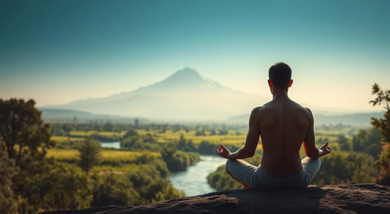 A serene and introspective scene depicting the power of self-knowledge and personal worth. In the foreground, a human figure sits in a meditative pose, radiating an aura of calm and self-acceptance. The middle ground features a lush, verdant landscape with a flowing river, symbolizing the nourishing and rejuvenating aspects of inner exploration. In the background, a majestic mountain range stands tall, conveying a sense of stability, resilience, and the boundless potential within. The lighting is soft and diffused, creating a warm, contemplative atmosphere that invites the viewer to reflect on their own journey of self-discovery and personal growth.