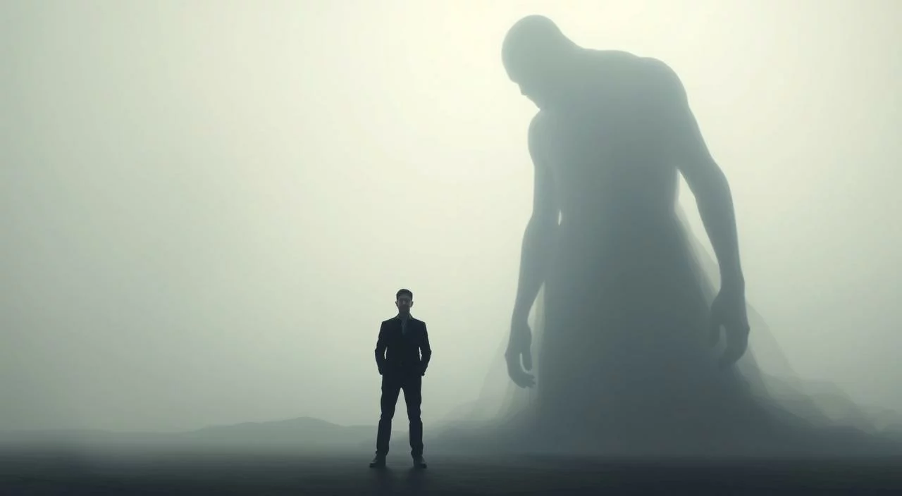 A serene and tranquil scene, a person standing tall, confidently facing a looming, shadowy figure representing their fear of judgment. The foreground features the person, their gaze unwavering, shoulders squared, embodying a sense of inner strength and resolve. The middle ground showcases the shadowy figure, its form indistinct, conveying the amorphous nature of the fear. The background is a calming, neutral environment, free of distractions, allowing the viewer to focus on the central subject. Soft, diffused lighting illuminates the scene, creating a sense of introspection and personal growth. The overall mood is one of determination and empowerment, as the person overcomes the weight of judgment and steps forward. A serene and tranquil scene, a person standing tall, confidently facing a looming, shadowy figure representing their fear of judgment. The foreground features the person, their gaze unwavering, shoulders squared, embodying a sense of inner strength and resolve. The middle ground showcases the shadowy figure, its form indistinct, conveying the amorphous nature of the fear. The background is a calming, neutral environment, free of distractions, allowing the viewer to focus on the central subject. Soft, diffused lighting illuminates the scene, creating a sense of introspection and personal growth. The overall mood is one of determination and empowerment, as the person overcomes the weight of judgment and steps forward.