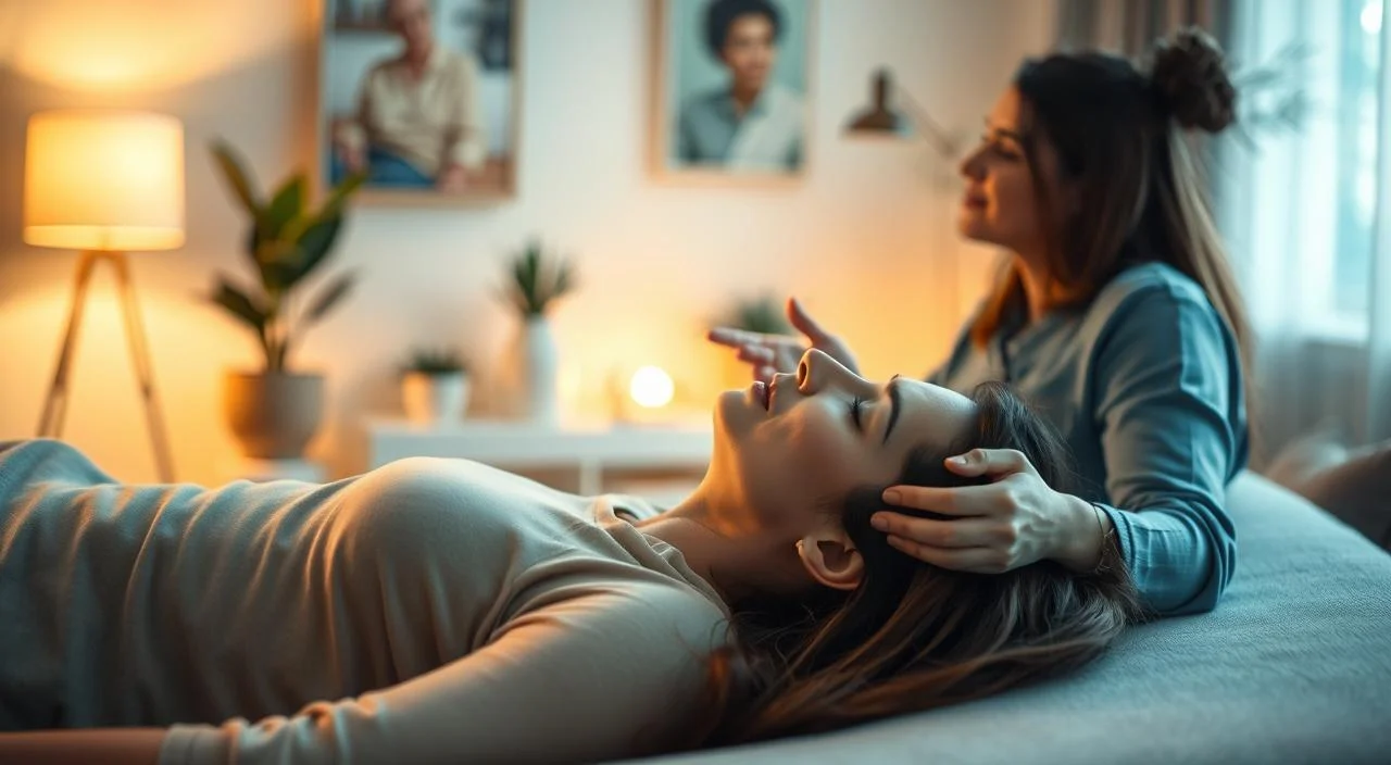 A serene clinical hypnosis session for anxiety reduction. In the foreground, a person lies comfortably on a couch, eyes closed, as a hypnotherapist guides them through a calming trance. Soft, diffused lighting sets a tranquil mood, while the background features soothing decor like potted plants and natural-toned furnishings. The composition emphasizes the therapeutic connection between the practitioner and client, conveying a sense of deep relaxation and inner focus. The scene is captured with a medium-wide lens, allowing for an intimate yet balanced perspective that invites the viewer to experience the restorative power of clinical hypnosis.