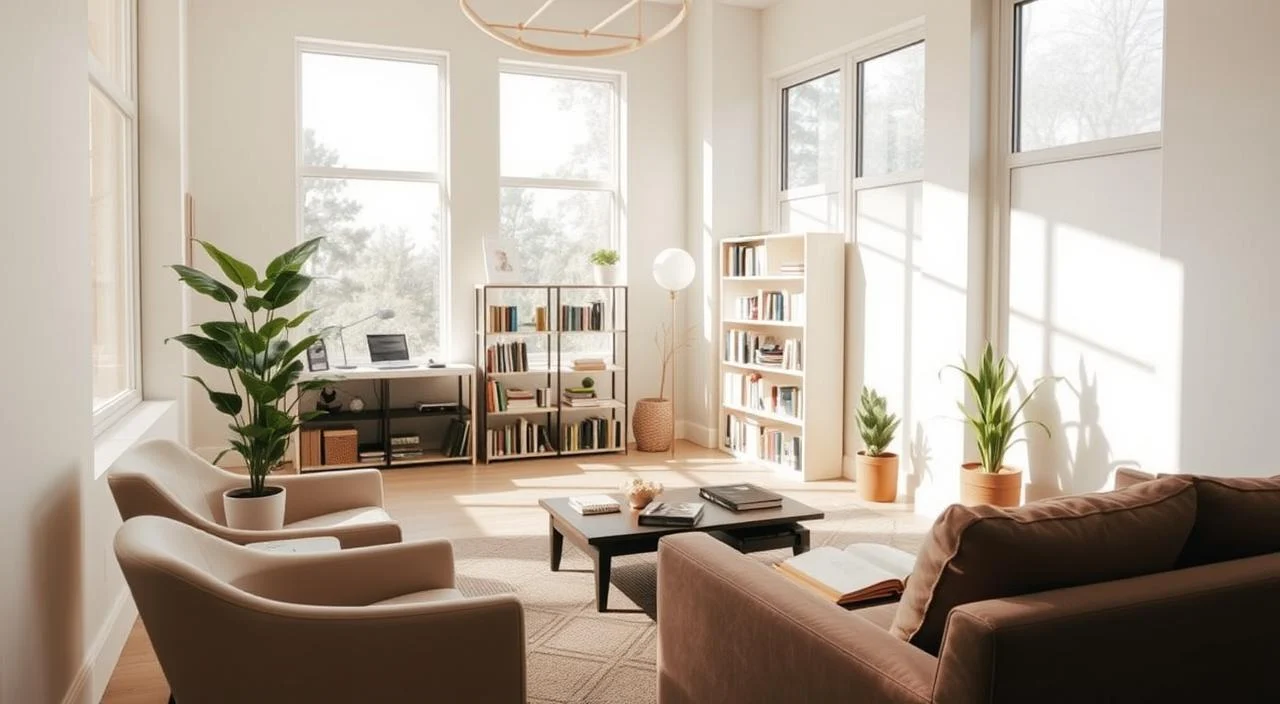 A serene, contemporary therapist's office with an abundance of natural light filtering through large windows. The walls are painted in calming, neutral tones, and the furniture is composed of sleek, minimalist designs in muted colors. In the foreground, a comfortable armchair and a side table with a potted plant. In the middle ground, a couch and a coffee table with some therapeutic books and a journal. In the background, a bookshelf filled with various psychology-related texts. The overall atmosphere is one of tranquility, introspection, and an invitation to explore different psychotherapeutic approaches. A serene, contemporary therapist's office with an abundance of natural light filtering through large windows. The walls are painted in calming, neutral tones, and the furniture is composed of sleek, minimalist designs in muted colors. In the foreground, a comfortable armchair and a side table with a potted plant. In the middle ground, a couch and a coffee table with some therapeutic books and a journal. In the background, a bookshelf filled with various psychology-related texts. The overall atmosphere is one of tranquility, introspection, and an invitation to explore different psychotherapeutic approaches.