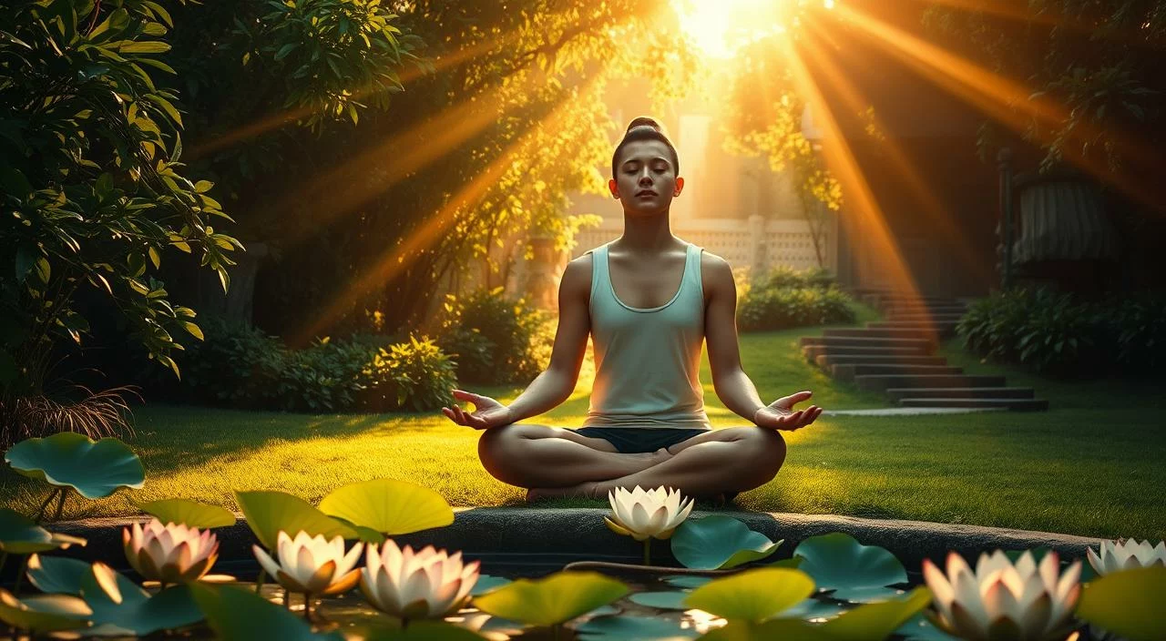 A serene garden scene, where a person sits cross-legged on the ground, eyes closed in meditation. Rays of warm, golden sunlight filter through lush, verdant foliage, casting a tranquil glow. In the foreground, a small pond reflects the intricate patterns of delicate lotus blossoms. The individual's posture exudes a sense of inner calm and resilience, their facial expression conveying a peaceful, centered mindset. The background features a winding path leading deeper into the secluded garden, symbolizing the journey of personal growth and development. Soft, diffused lighting creates a dreamlike atmosphere, evoking a sense of introspection and self-discovery. A serene garden scene, where a person sits cross-legged on the ground, eyes closed in meditation. Rays of warm, golden sunlight filter through lush, verdant foliage, casting a tranquil glow. In the foreground, a small pond reflects the intricate patterns of delicate lotus blossoms. The individual's posture exudes a sense of inner calm and resilience, their facial expression conveying a peaceful, centered mindset. The background features a winding path leading deeper into the secluded garden, symbolizing the journey of personal growth and development. Soft, diffused lighting creates a dreamlike atmosphere, evoking a sense of introspection and self-discovery.