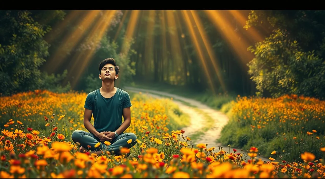 A serene, introspective scene depicting the journey of self-discovery and personal transformation. In the foreground, a thoughtful individual sits cross-legged, eyes closed, hands resting on their lap, radiating a sense of calm and inner focus. Surrounding them, a field of vibrant wildflowers in warm hues of yellow, orange, and red, symbolizing the blossoming of self-awareness. In the middle ground, a winding path leads into a lush, verdant forest, representing the unfolding journey of personal growth. Overhead, beams of warm, golden light filter through the canopy, creating a soft, ethereal atmosphere that enhances the sense of introspection and inner enlightenment. The overall mood is one of serenity, transformation, and the embrace of one's authentic self.