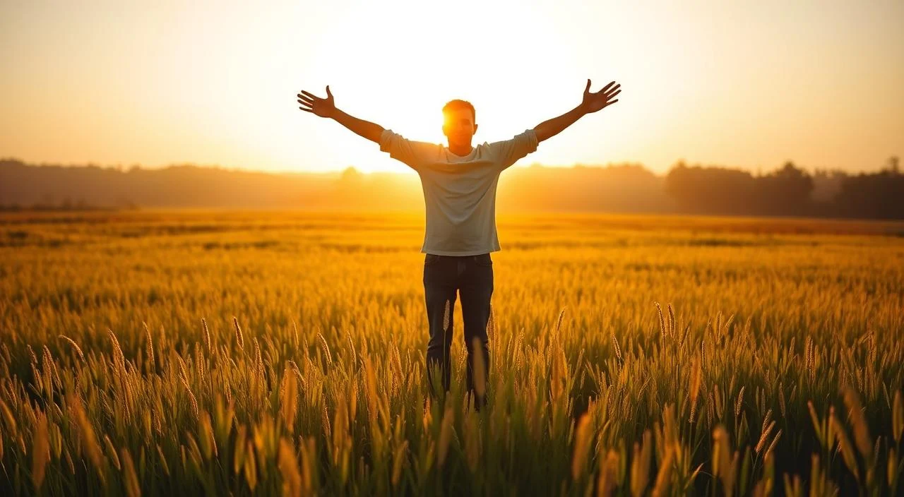 A serene meadow in the golden light of a sunset, a figure standing in the center, arms outstretched in a protective gesture. The figure's face is obscured, representing the abstract concept of anxiety, while the meadow and the setting sun evoke a sense of calm and tranquility, symbolizing the protective mechanism of anxiety. The scene is captured through a wide-angle lens, giving a sense of vastness and perspective. The lighting is soft and diffused, creating a warm, inviting atmosphere. The overall composition conveys the idea of anxiety as a natural, protective response, rather than a purely negative emotion. A serene meadow in the golden light of a sunset, a figure standing in the center, arms outstretched in a protective gesture. The figure's face is obscured, representing the abstract concept of anxiety, while the meadow and the setting sun evoke a sense of calm and tranquility, symbolizing the protective mechanism of anxiety. The scene is captured through a wide-angle lens, giving a sense of vastness and perspective. The lighting is soft and diffused, creating a warm, inviting atmosphere. The overall composition conveys the idea of anxiety as a natural, protective response, rather than a purely negative emotion.