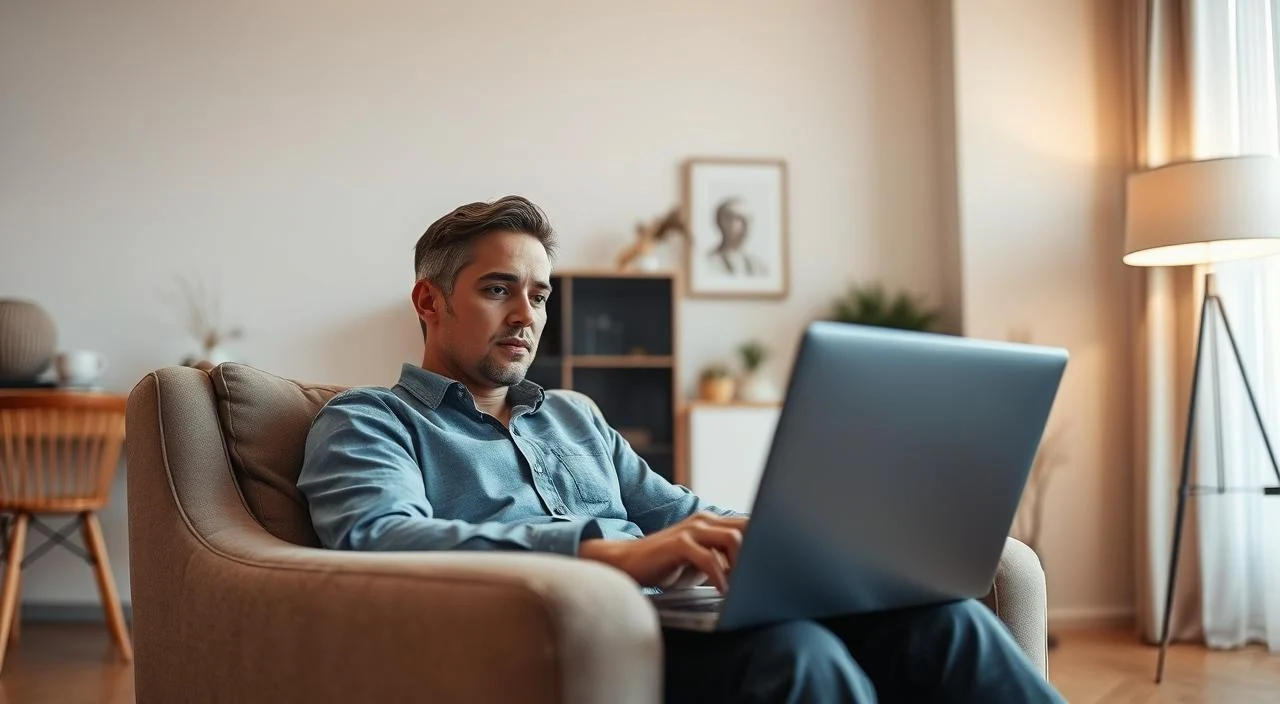 A serene, modern home office setting. In the foreground, a person sits comfortably in a plush armchair, engaged in an online video call on a laptop. The background features warm, neutral tones and minimalist decor, creating a calming atmosphere. Soft, diffused lighting illuminates the scene, enhancing the sense of tranquility. The angle captures a close-up view, emphasizing the thoughtful expression on the person's face, conveying the professionalism and attentiveness of an online psychotherapy session. The overall composition evokes a sense of privacy, safety, and the therapeutic nature of the online consultation. A serene, modern home office setting. In the foreground, a person sits comfortably in a plush armchair, engaged in an online video call on a laptop. The background features warm, neutral tones and minimalist decor, creating a calming atmosphere. Soft, diffused lighting illuminates the scene, enhancing the sense of tranquility. The angle captures a close-up view, emphasizing the thoughtful expression on the person's face, conveying the professionalism and attentiveness of an online psychotherapy session. The overall composition evokes a sense of privacy, safety, and the therapeutic nature of the online consultation.
