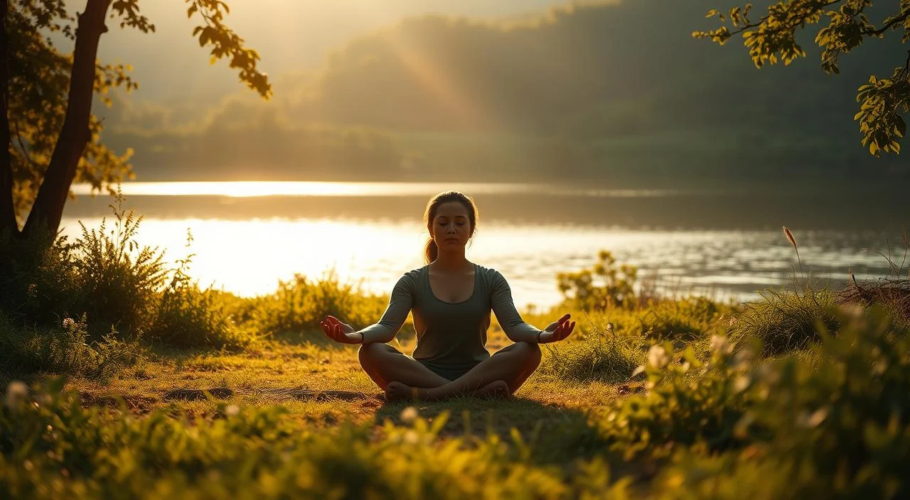 A serene, natural landscape with a person sitting cross-legged in a meditative pose, surrounded by lush greenery and a peaceful, calming atmosphere. The figure is bathed in soft, warm lighting, their expression calm and reflective, conveying a sense of inner peace and self-acceptance. In the background, a tranquil body of water reflects the scene, creating a sense of balance and harmony. The overall composition evokes a sense of mindfulness, self-awareness, and the process of overcoming the fear of judgment through inner exploration and self-acceptance.