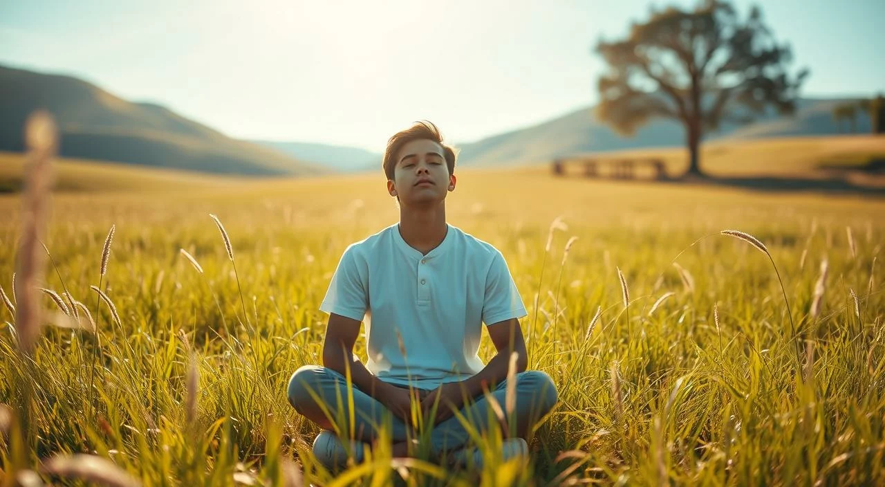 A serene, sunlit meadow where a young person sits cross-legged, eyes closed in quiet contemplation. Soft rays of light filter through the swaying grasses, casting a warm, golden glow over the scene. The individual's expression is one of inner peace and profound self-acceptance, their body language conveying a sense of grounded presence. In the middle distance, a backdrop of rolling hills and a clear, azure sky, creating a tranquil, picturesque landscape that reflects the subject's newfound tranquility and self-assurance. Crisp, high-resolution photography with a shallow depth of field, capturing the intimate, introspective moment with clarity and sensitivity.