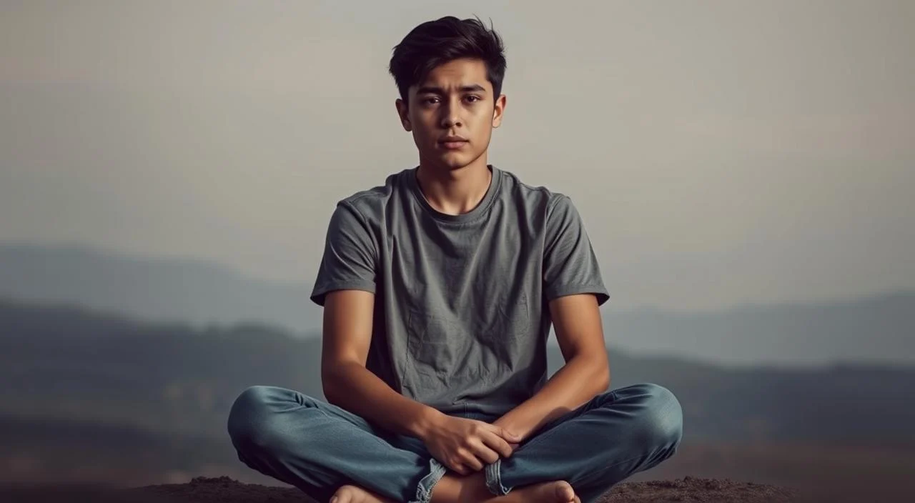 A serene, thoughtful young person sitting cross-legged, deep in contemplation. The subject's face is softly lit, highlighting a pensive expression. The background is a calming, abstract landscape with muted colors and gentle gradients, creating a sense of inner peace and reflection. The overall mood is one of introspection and the psychological benefits that can arise from anxiety - increased self-awareness, empathy, and resilience. The composition is balanced, with the subject positioned centrally, surrounded by the tranquil environment. A 35mm lens captures this intimate, psychological moment in a cinematic style. A serene, thoughtful young person sitting cross-legged, deep in contemplation. The subject's face is softly lit, highlighting a pensive expression. The background is a calming, abstract landscape with muted colors and gentle gradients, creating a sense of inner peace and reflection. The overall mood is one of introspection and the psychological benefits that can arise from anxiety - increased self-awareness, empathy, and resilience. The composition is balanced, with the subject positioned centrally, surrounded by the tranquil environment. A 35mm lens captures this intimate, psychological moment in a cinematic style.