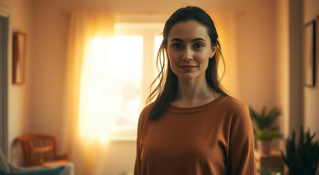 A serene, warm-lit indoor scene depicting a woman standing with an air of confidence and self-assurance. She is facing the viewer, her gaze direct and her posture upright, emanating a sense of self-acceptance and inner strength. The background is softly blurred, allowing the subject to be the focal point, bathed in a gentle, ethereal light that highlights her features and the tranquil mood. The composition is balanced and harmonious, conveying a sense of introspection and personal growth. The overall atmosphere is one of introspection, self-discovery, and the cultivation of authentic self-esteem.