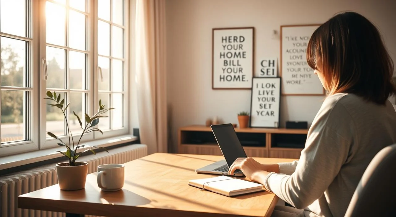 A serene, well-lit home office setting showcasing techniques for building online self-confidence. In the foreground, a person sits at a minimalist wooden desk, intently focused on a laptop screen. Warm natural lighting filters through large windows, casting a soft glow. On the desk, a plant, a mug of tea, and a notebook convey a sense of mindfulness. In the middle ground, inspirational wall art and motivational quotes are displayed, subtly guiding the viewer. The background features a neutral-toned, calming interior design, creating an atmosphere of tranquility and self-assurance. The overall scene evokes a feeling of empowerment and digital self-care.