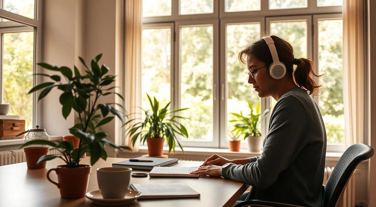 A serene, well-lit office space with warm, natural lighting. In the foreground, a person sits at a desk, focused yet relaxed, taking notes in a journal. The middle ground features a potted plant, a cup of tea, and a pair of noise-cancelling headphones, symbolizing strategies for managing anxiety. The background showcases a large window overlooking a lush, tranquil garden, hinting at the calming influence of nature. The overall atmosphere is one of thoughtfulness, productivity, and a sense of balance between mental focus and inner peace. A serene, well-lit office space with warm, natural lighting. In the foreground, a person sits at a desk, focused yet relaxed, taking notes in a journal. The middle ground features a potted plant, a cup of tea, and a pair of noise-cancelling headphones, symbolizing strategies for managing anxiety. The background showcases a large window overlooking a lush, tranquil garden, hinting at the calming influence of nature. The overall atmosphere is one of thoughtfulness, productivity, and a sense of balance between mental focus and inner peace.