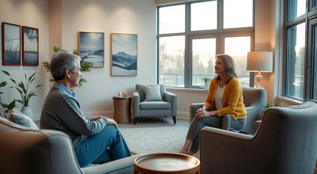 A serene, well-lit therapy room with comfortable furniture and soothing decor. In the foreground, a patient and a therapist engaged in a thoughtful discussion, their body language conveying trust and understanding. The middle ground features calming artwork on the walls, suggesting a nurturing and introspective environment. The background depicts a tranquil outdoor scene, with soft natural light filtering in through large windows, symbolizing the healing journey of mental health treatment. A serene, well-lit therapy room with comfortable furniture and soothing decor. In the foreground, a patient and a therapist engaged in a thoughtful discussion, their body language conveying trust and understanding. The middle ground features calming artwork on the walls, suggesting a nurturing and introspective environment. The background depicts a tranquil outdoor scene, with soft natural light filtering in through large windows, symbolizing the healing journey of mental health treatment.