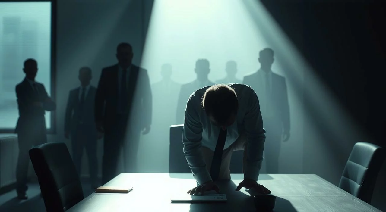 A stark, shadowy office setting with an anxious worker hunched over a desk, surrounded by looming, faceless figures. Harsh, directional lighting casts long, ominous shadows, creating an atmosphere of tension and apprehension. The worker's posture conveys a sense of being overwhelmed and crippled by the fear of judgment from co-workers and superiors. The background is blurred, emphasizing the worker's isolated, vulnerable state. The scene evokes the psychological and emotional impact of the fear of judgment in a professional environment. A stark, shadowy office setting with an anxious worker hunched over a desk, surrounded by looming, faceless figures. Harsh, directional lighting casts long, ominous shadows, creating an atmosphere of tension and apprehension. The worker's posture conveys a sense of being overwhelmed and crippled by the fear of judgment from co-workers and superiors. The background is blurred, emphasizing the worker's isolated, vulnerable state. The scene evokes the psychological and emotional impact of the fear of judgment in a professional environment.
