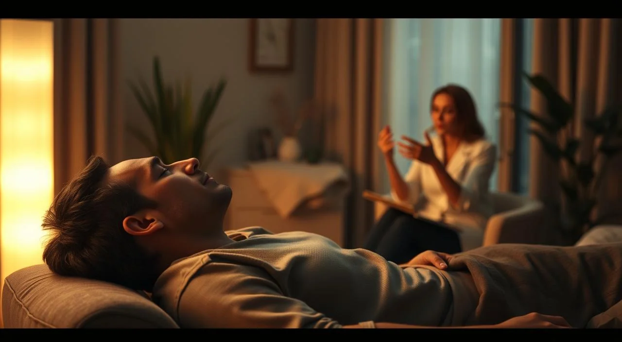 A tranquil, dimly lit clinical setting. In the foreground, a patient reclining comfortably on a couch, eyes closed, their face projecting a sense of deep relaxation. Soft, soothing lighting casts a warm glow, creating an atmosphere of peace and serenity. In the middle ground, a hypnotherapist seated nearby, hands gesturing gently as they guide the patient through a state of hypnosis. The background features soothing, natural elements like plants and soft fabrics, evoking a sense of harmony and wellness. The scene conveys the restorative power of hypnosis techniques in the treatment of anxiety and depression.
