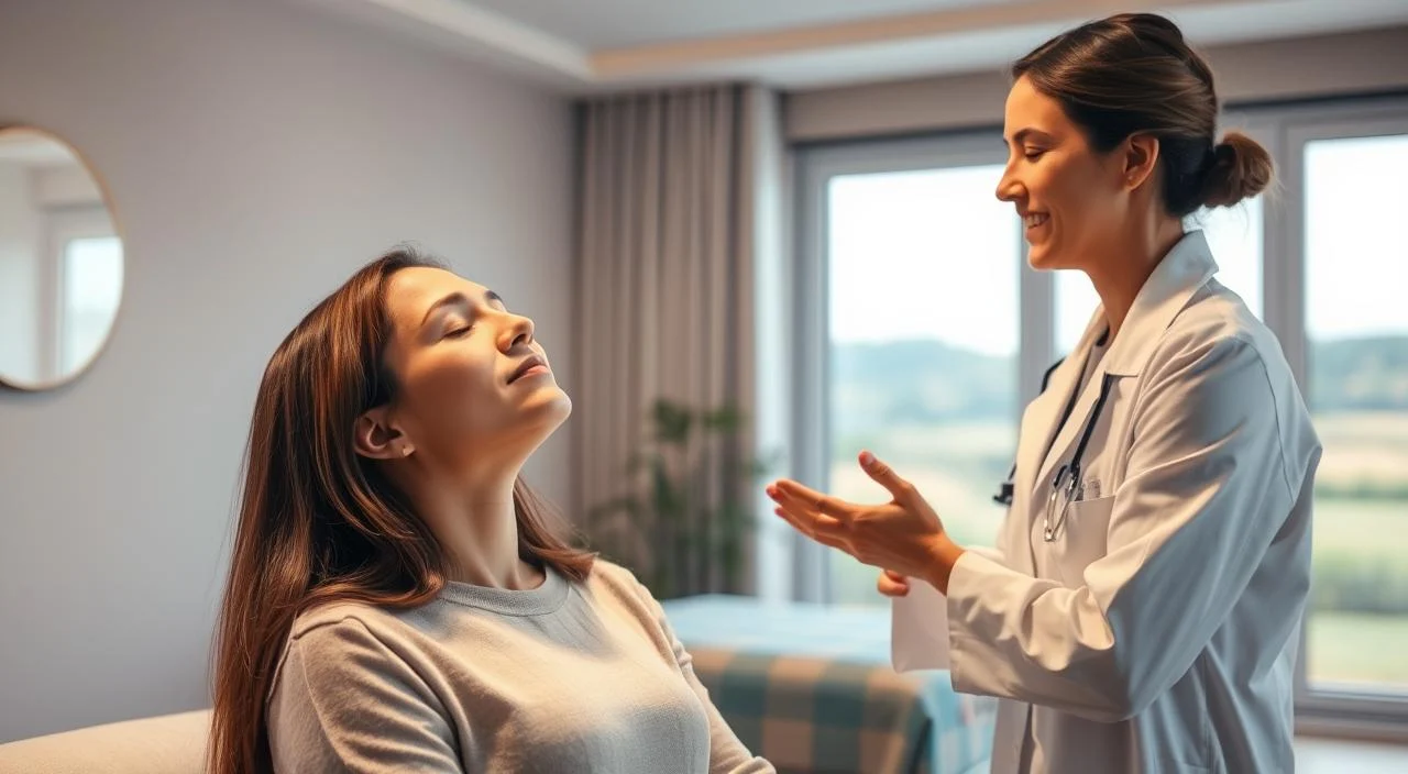 A tranquil scene of a patient undergoing hypnotherapy to manage chronic pain. In the foreground, a practitioner in a white coat gently guides the patient, eyes closed, into a state of deep relaxation. Soft, diffused lighting creates a soothing atmosphere, while the middle ground features a cozy, minimalist treatment room with calming pastel tones. In the background, a large window offers a glimpse of a serene, natural landscape, symbolizing the harmony between the mind and body. The overall composition conveys a sense of trust, comfort, and the therapeutic power of hypnosis in addressing chronic discomfort.