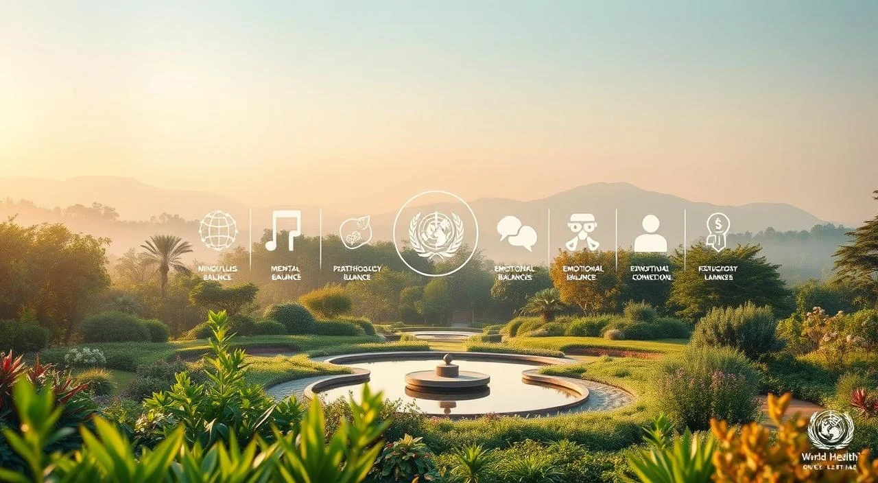 A tranquil, vibrant landscape showcasing the World Health Organization's 10 key priorities for psychological well-being. In the foreground, a serene garden with lush, verdant plants and soothing water features. In the middle ground, abstract shapes and icons representing the various aspects of mental health, such as mindfulness, emotional balance, and social connection. The background features a soft, hazy sky with warm, golden light, creating a calming, introspective atmosphere. The composition is balanced and harmonious, conveying a sense of holistic wellness and the WHO's comprehensive approach to psychological well-being.