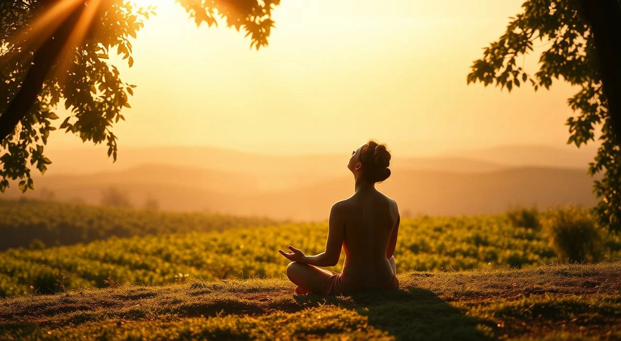 A warm, introspective scene of self-acceptance. In the foreground, a serene figure sits cross-legged, eyes closed in peaceful meditation. Rays of soft, golden light bathe the figure, conveying a sense of inner tranquility and self-embrace. In the middle ground, a lush, verdant landscape unfolds, symbolizing the growth and flourishing that comes with self-acceptance. In the distance, a horizon of pastel hues blends seamlessly with the sky, evoking a calming, expansive atmosphere. The overall mood is one of self-love, harmony, and the empowering journey of embracing one's authentic self.