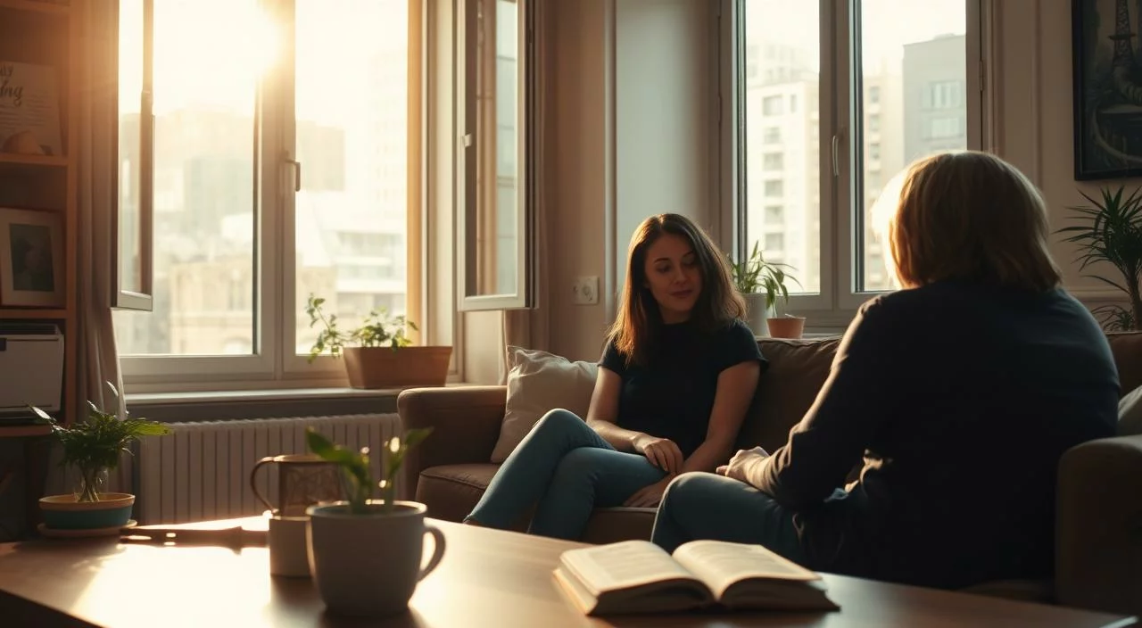 A warm, sun-drenched apartment, its windows open to the bustling city beyond. In the foreground, a woman sits on a couch, her expression thoughtful and engaged as she listens to a friend across from her. Their body language conveys a sense of openness and understanding, a connection forged through empathy. In the middle ground, simple, everyday objects - a potted plant, a mug of tea, a well-worn book - serve as a backdrop to this intimate moment. The overall mood is one of tranquility and connection, a testament to the power of empathy in the routines of daily life.