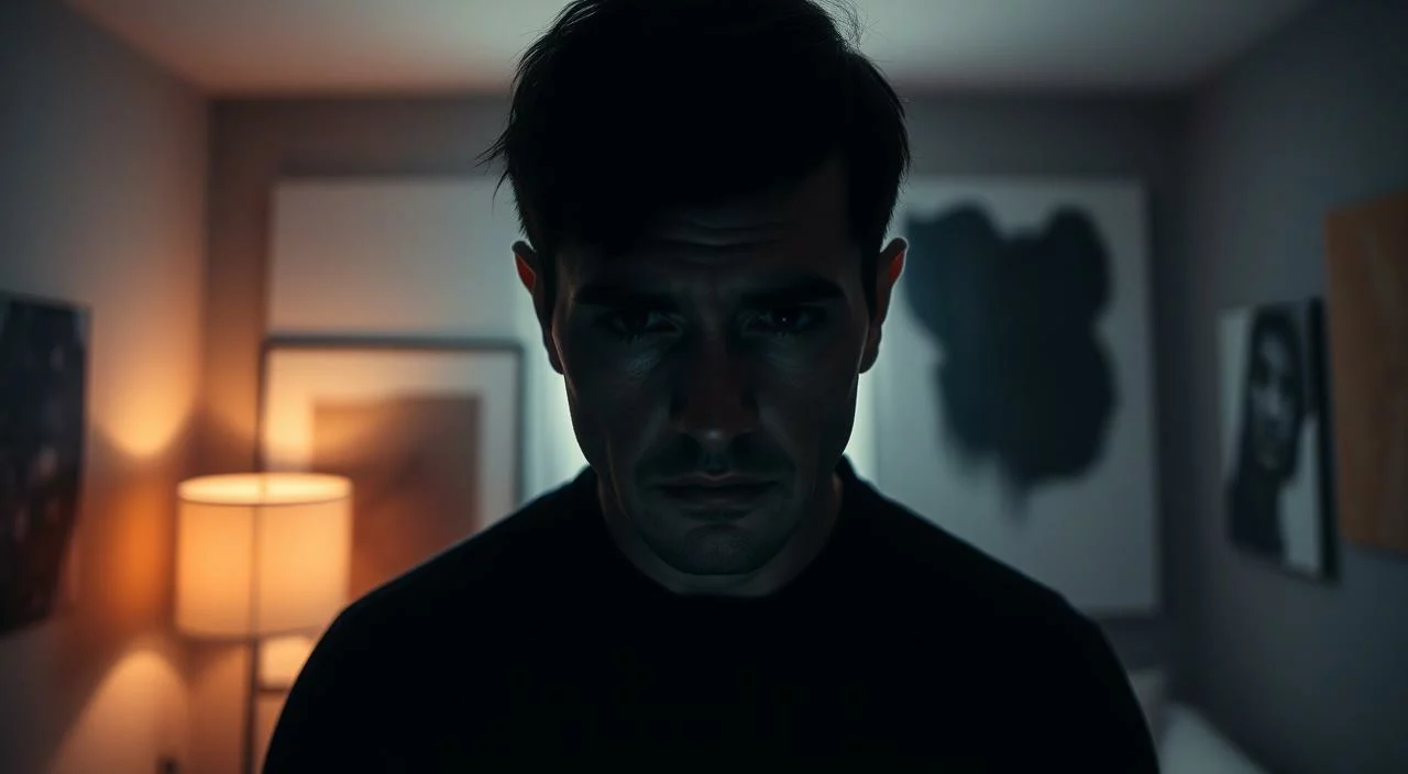 A worried person standing in the center of the frame, their face cast in deep shadows, conveying a sense of discomfort and insecurity. In the background, a dimly lit room with abstract shapes and muted colors, creating an oppressive and claustrophobic atmosphere. The lighting is dramatic, with a single spotlight illuminating the subject's face, highlighting their furrowed brow and pursed lips, suggesting the weight of their inner turmoil. The camera angle is slightly high, adding to the sense of vulnerability and unease. The overall mood is one of trepidation and apprehension, reflecting the theme of "fear of judgment and communication."