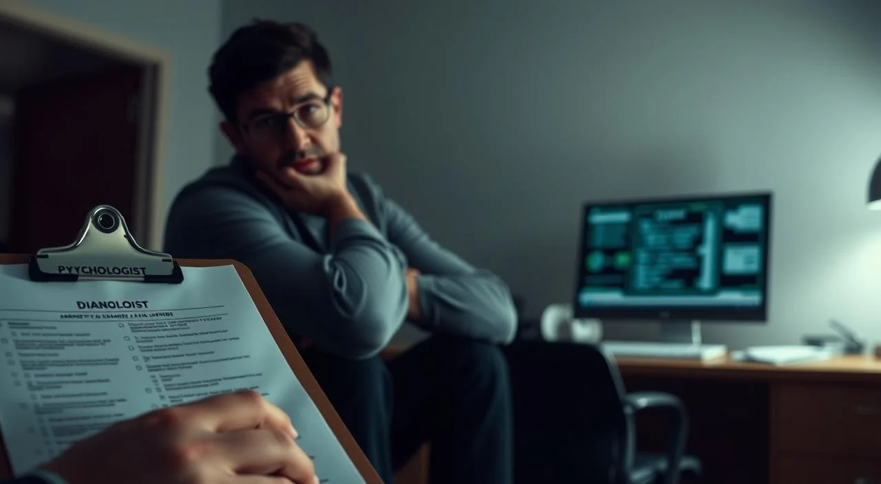 An anxious person sits hunched in a dimly lit office, their face etched with concern. In the foreground, a clipboard with medical forms suggests a diagnostic assessment. The middle ground features a desk with a nameplate indicating "Psychologist" and a computer monitor displaying test results. The background is blurred, but hints at a tranquil, neutral-toned interior, evoking a professional therapeutic setting. The lighting is soft, casting subtle shadows that convey a pensive, introspective mood. The overall scene suggests the process of diagnosing anxiety and depression, setting the stage for the exploration of alternative therapies like hypnosis.