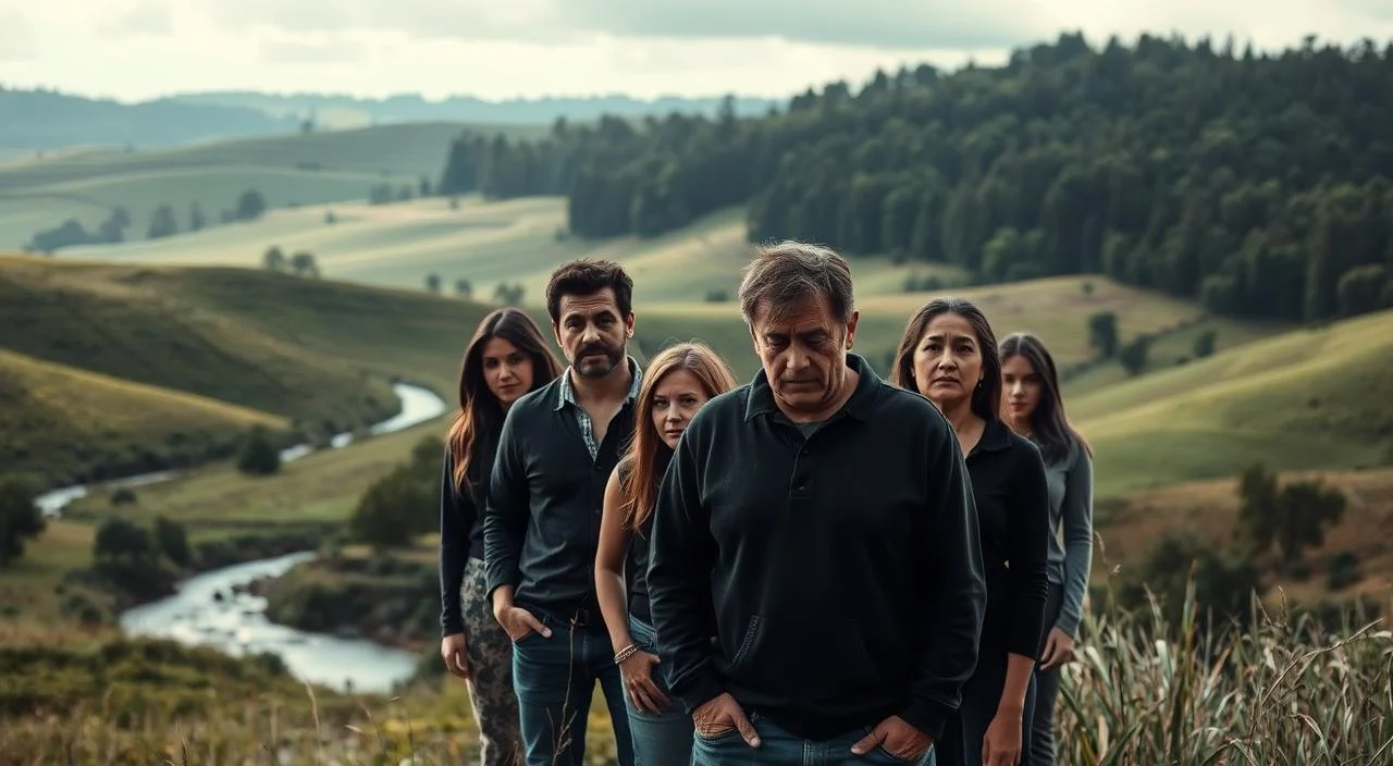 Causas de Ansiedade e Depressão: A serene pastoral scene with rolling hills, a meandering stream, and a dense forest in the background. In the foreground, a group of individuals stands, their faces expressing a range of emotions - from worry and stress to a sense of hopelessness and despair. The lighting is soft and diffused, creating a contemplative atmosphere. The composition is balanced, with the figures occupying the center of the frame, surrounded by the natural landscape. The overall mood is one of introspection and a search for understanding the underlying causes of anxiety and depression.
