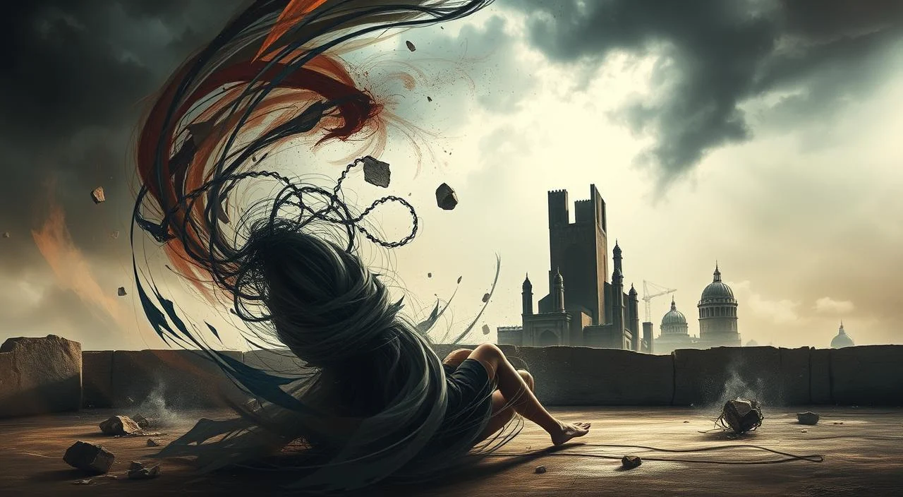 Manifestations of Anxiety: A surreal, impressionistic scene capturing the emotional turmoil of anxiety. In the foreground, a figure writhes in a swirling vortex of abstract, unsettling shapes and colors, conveying the visceral experience of anxiety's physical symptoms. The middle ground features fragmented, distorted architectural elements, evoking the sense of disorientation and loss of control. In the hazy background, a stormy, tempestuous sky looms, enhancing the overwhelming, ominous atmosphere. Dramatic lighting casts deep shadows, intensifying the sense of unease. The composition is asymmetric and off-kilter, mirroring the disruption of normal mental processes. An unsettling, dreamlike quality pervades the scene, reflecting the subjective, highly personal nature of anxiety's manifestations. Manifestations of Anxiety: A surreal, impressionistic scene capturing the emotional turmoil of anxiety. In the foreground, a figure writhes in a swirling vortex of abstract, unsettling shapes and colors, conveying the visceral experience of anxiety's physical symptoms. The middle ground features fragmented, distorted architectural elements, evoking the sense of disorientation and loss of control. In the hazy background, a stormy, tempestuous sky looms, enhancing the overwhelming, ominous atmosphere. Dramatic lighting casts deep shadows, intensifying the sense of unease. The composition is asymmetric and off-kilter, mirroring the disruption of normal mental processes. An unsettling, dreamlike quality pervades the scene, reflecting the subjective, highly personal nature of anxiety's manifestations.