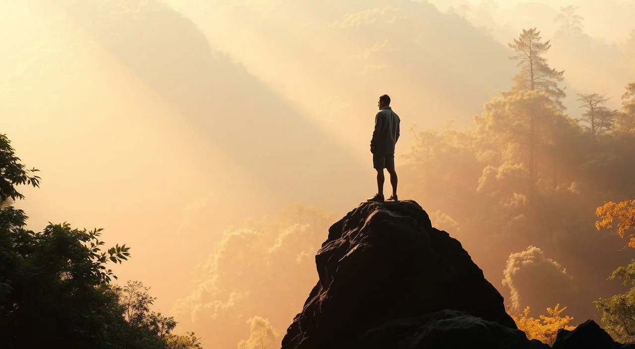 Serene landscape of personal growth, with a lush forest backdrop. In the foreground, a lone figure stands atop a rocky outcrop, gazing introspectively into the distance. The figure's pose conveys a sense of contemplation and self-reflection. Soft, warm lighting filters through the canopy, casting a gentle glow on the scene. The environment is characterized by a harmonious blend of natural elements, symbolizing the journey of inner transformation. A sense of tranquility and clarity pervades the composition, inviting the viewer to pause and connect with the essence of personal development. Serene landscape of personal growth, with a lush forest backdrop. In the foreground, a lone figure stands atop a rocky outcrop, gazing introspectively into the distance. The figure's pose conveys a sense of contemplation and self-reflection. Soft, warm lighting filters through the canopy, casting a gentle glow on the scene. The environment is characterized by a harmonious blend of natural elements, symbolizing the journey of inner transformation. A sense of tranquility and clarity pervades the composition, inviting the viewer to pause and connect with the essence of personal development.