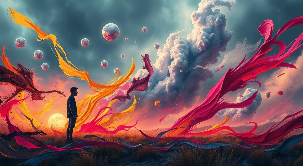 Vibrant interplay of swirling emotions and creative energy, captured in a surreal landscape. In the foreground, an anxious figure stands amidst a whirlwind of brushstrokes and vivid hues, symbolizing the tension between anxiety and artistic expression. The middle ground features an abstract dreamscape, with floating shapes and ethereal forms, conveying the subconscious realm where creativity and unease coexist. In the background, a moody, atmospheric sky sets the tone, with dramatic lighting and a sense of mystery. Cinematic, high-contrast composition, with a focus on depth, texture, and the interplay of light and shadow, evoking the duality of anxiety and creativity. Vibrant interplay of swirling emotions and creative energy, captured in a surreal landscape. In the foreground, an anxious figure stands amidst a whirlwind of brushstrokes and vivid hues, symbolizing the tension between anxiety and artistic expression. The middle ground features an abstract dreamscape, with floating shapes and ethereal forms, conveying the subconscious realm where creativity and unease coexist. In the background, a moody, atmospheric sky sets the tone, with dramatic lighting and a sense of mystery. Cinematic, high-contrast composition, with a focus on depth, texture, and the interplay of light and shadow, evoking the duality of anxiety and creativity.